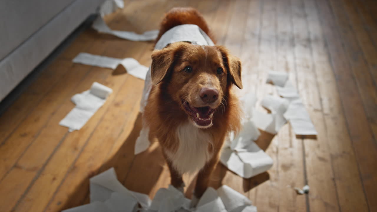 Naughty dog making chaos in apartment close up. Cute pet unrolling toilet paper