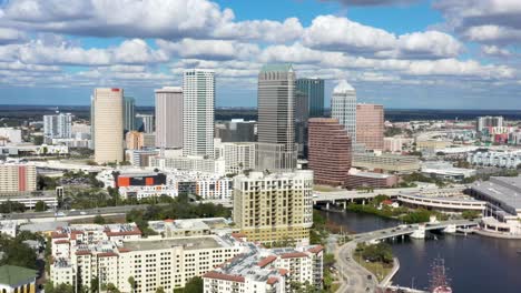 Tampa-Bay,-Florida-City-Skyline---Aerial-Panning-and-Establishing-View