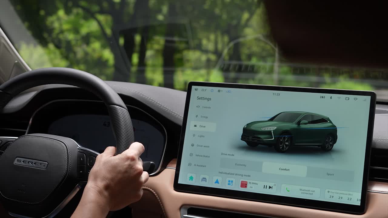 interior of luxury electric car, High-end electric car brand Seres 5, electric car touch screen