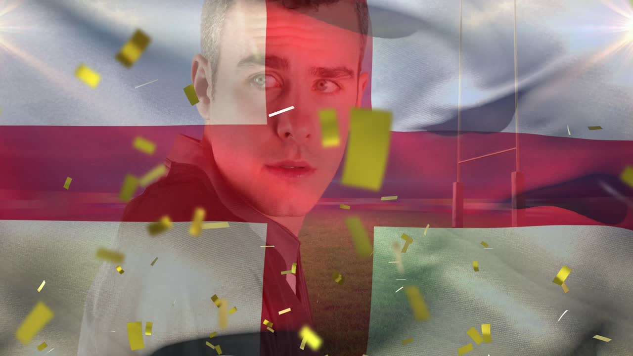 경기장에서 공을 들고 있는 백인 남성 럭비 선수 위에 영국  ⁇ 발과 콘페티의 애니메이션