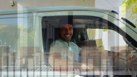 animación de un repartidor pasando una caja de cartón sobre las estadísticas que se muestran en el fondo