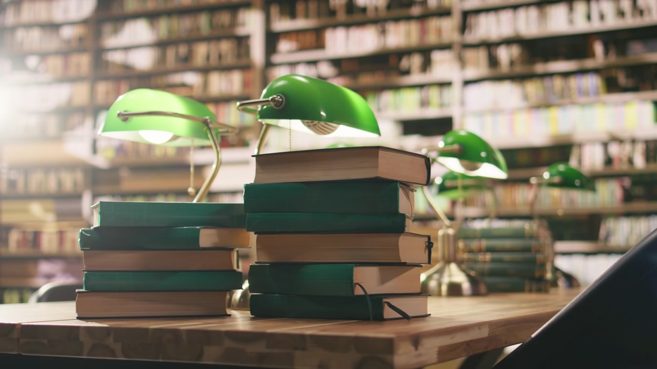 Stack of books placed on empty library table with green lamps near bookshelves