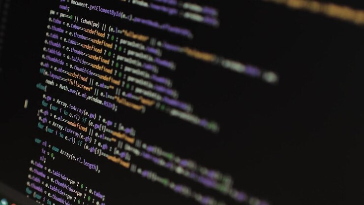Developer is Browsing HTML Code on the Computer Screen. Side view. HTML Web Page Code Scrolling Programming, Abstract Technology Background for Software Developer, Computer Script Concept. Scene E.