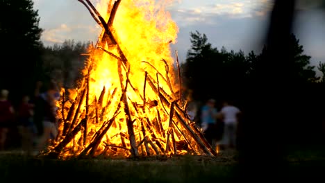 big campfire of the branches burn at night in the forest on the background of people