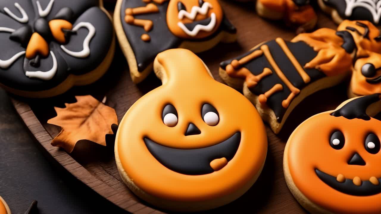Delicious homemade Halloween cookies with orange and black icing representing pumpkins, ghosts, spiders and spiderwebs lying on a wooden tray with some autumn leaves