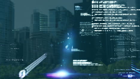 animation of data processing and light spot against aerial view of cityscape