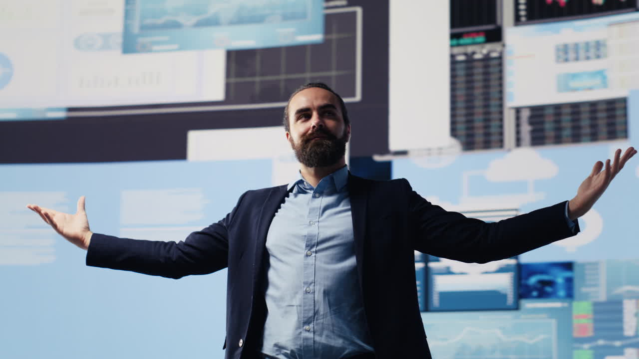 Fearless businessman celebrates success and achievement for high end career