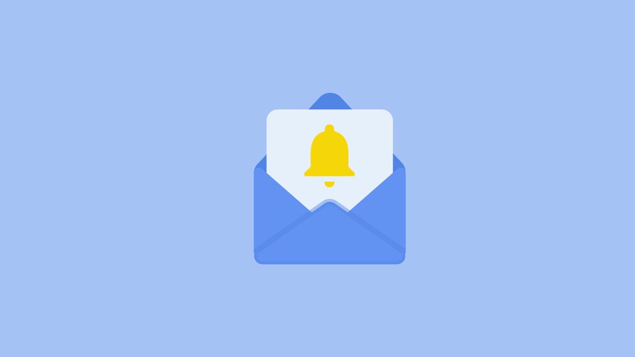 E-mailnotifikation med klokkeikon animation isoleret på blå baggrund
