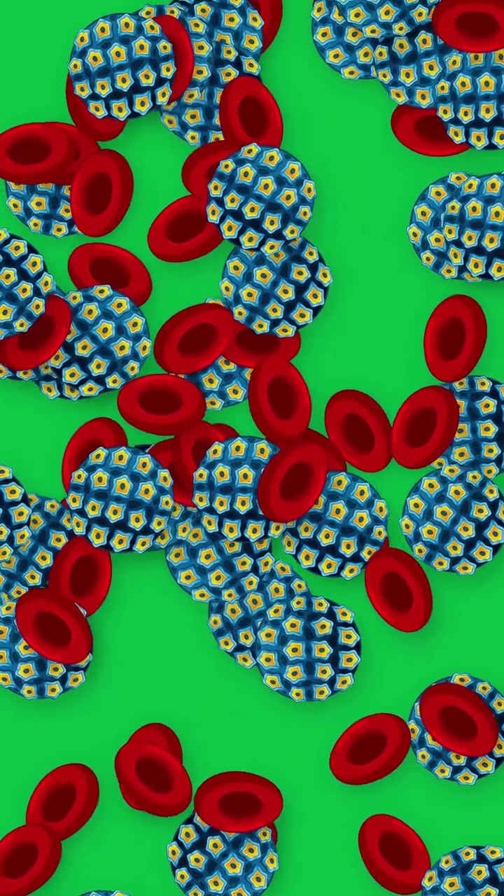 Microscopic red blood cells and patterned virus spheres fall vertically against a solid green backdrop.