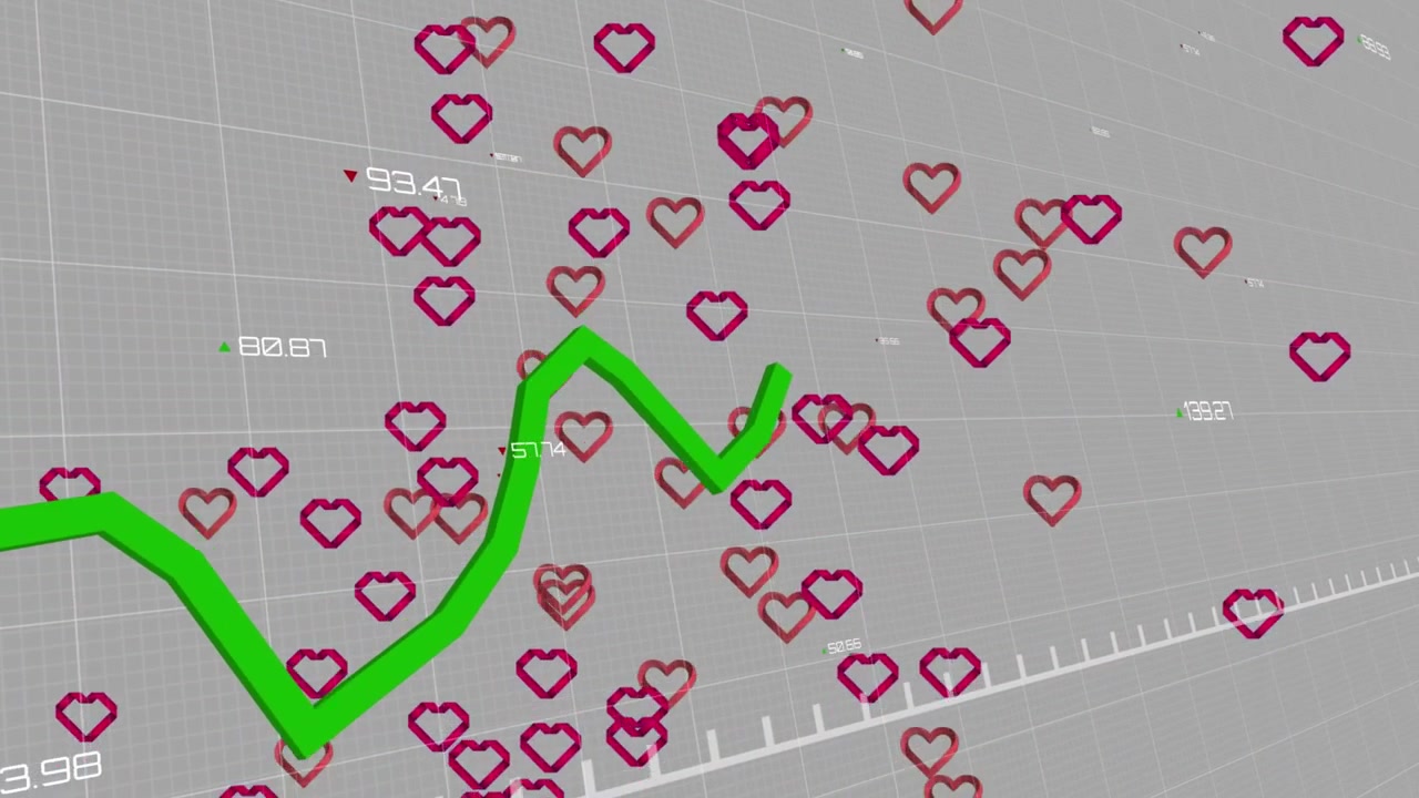 Animation of multiple heart icons floating over statistical data processing against grey background