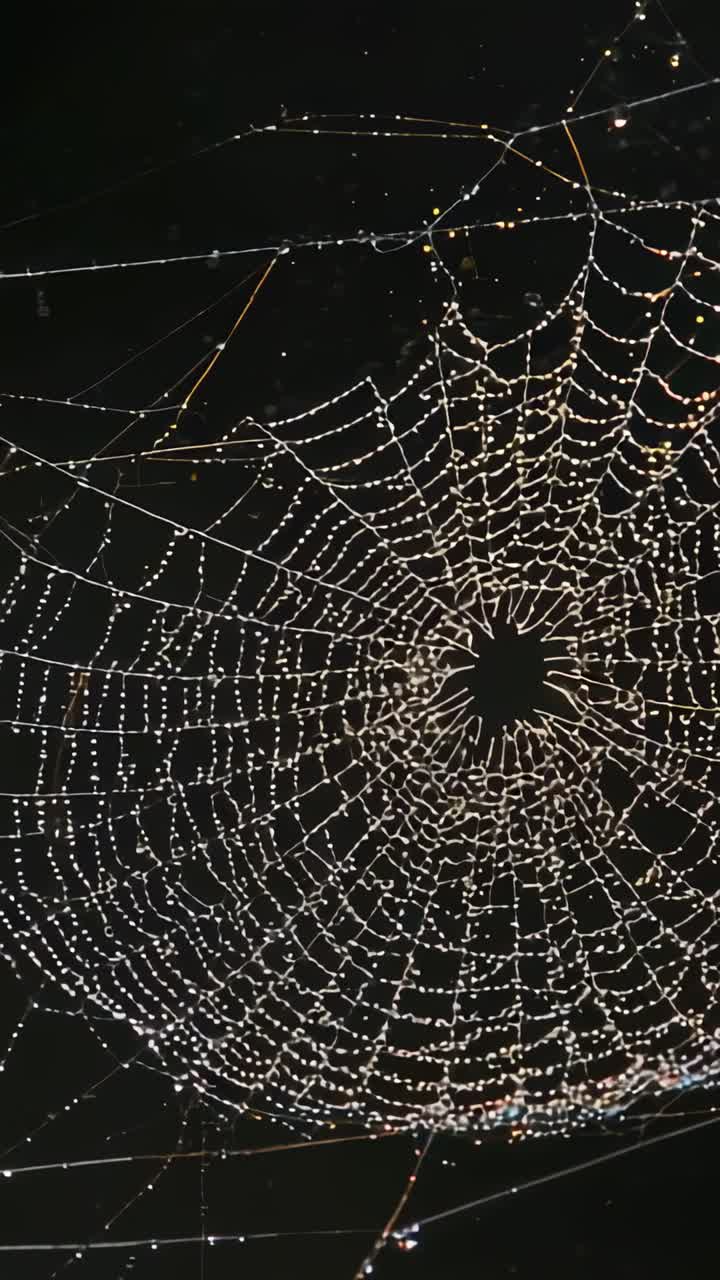 Vertikales Video: Schimmerndes Radnetz bei Nacht reagiert auf Lichter, zeigt sich verschiebende und verschmelzende Perlen.
