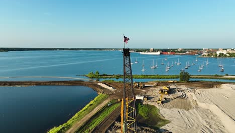 drone motion, pedestal up with american flag