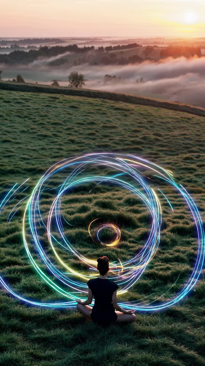 Peaceful woman practicing meditation, radiating calm energy against sunrise light filtering through misty valley landscape, highlighting spiritual wellness and inner tranquility