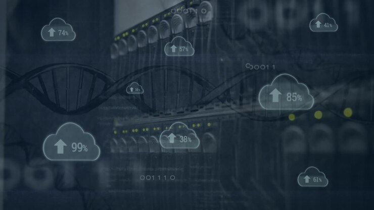 Animation of growing numbers, arrows in clouds over dna helix against back panel of server rack
