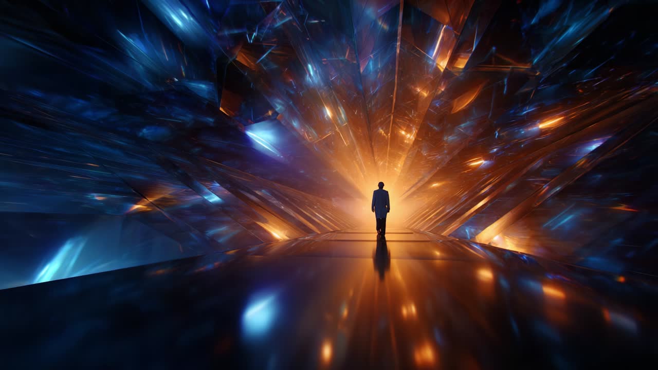 A solitary figure stands in an otherworldly landscape filled with radiant crystals and glowing light, exploring the depths of an abstract realm of energy and reflections that inspire imagination and wonder