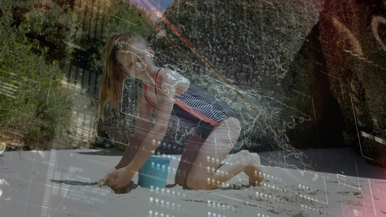 Girl arriving beach with bucket scooping tapping inverting shaping sand cylinder for education