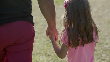 disparo medio de una niña sosteniendo la mano de su padre y caminando por el parque