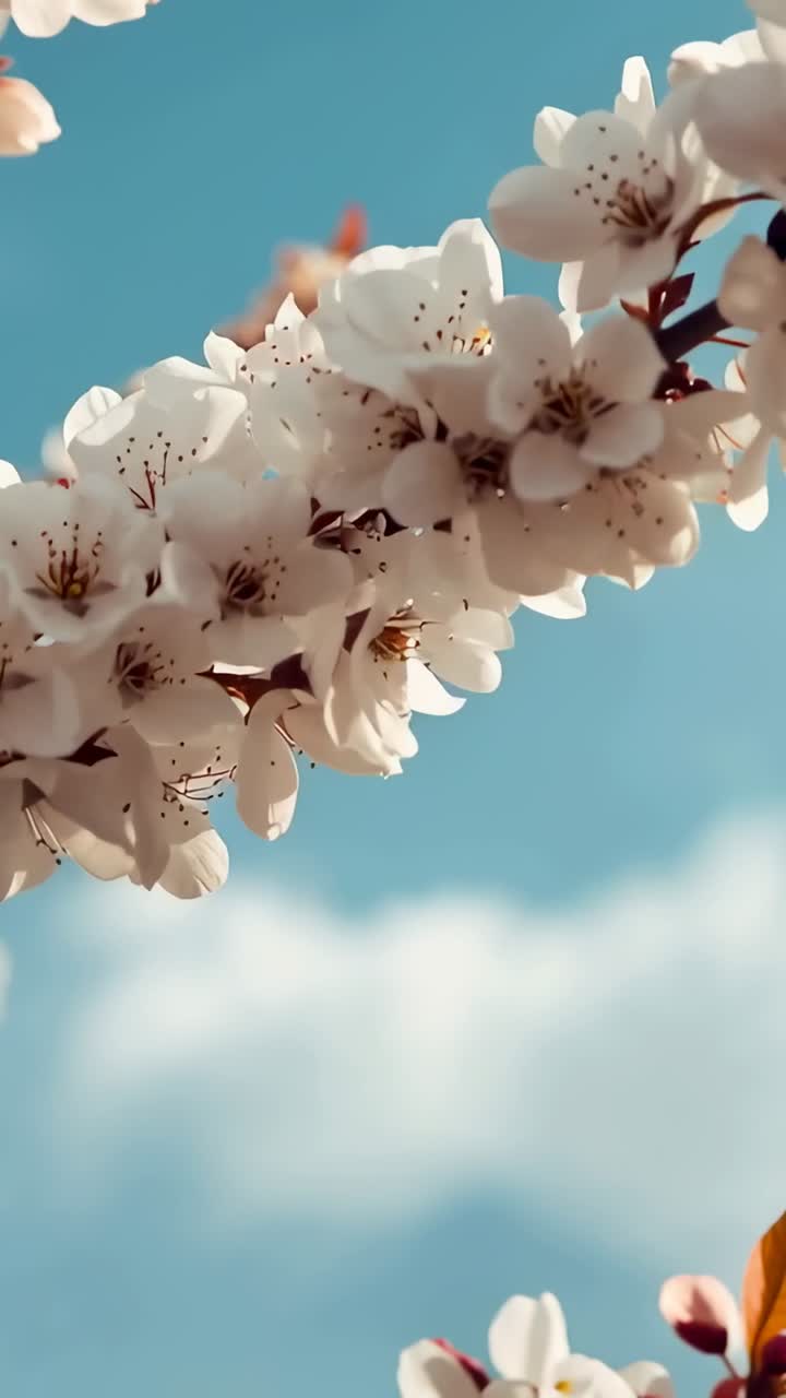 Vertical video: Drifting white blooms on twig in garden losing petal as breeze carrying it with bee