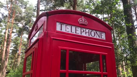 Caminando-Hacia-Una-Cabina-Telefónica-Británica-Roja-Tradicional-En-Medio-De-Un-Bosque-|-Cumbria,-Escocia-|-Alta-Definición-A-60-Fps