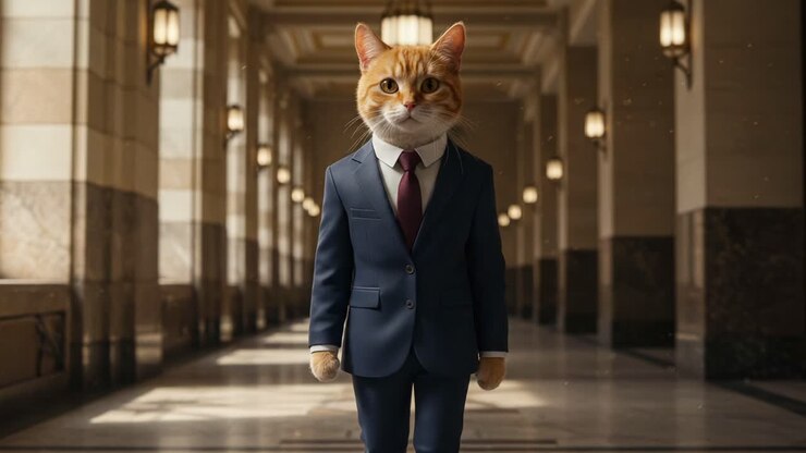 A Distinctive Feline Figure: A Cat Dressed in a Business Suit Stands Elegantly in an Opulent Hallway, Merging Humor and Professionalism in a Playful Setting