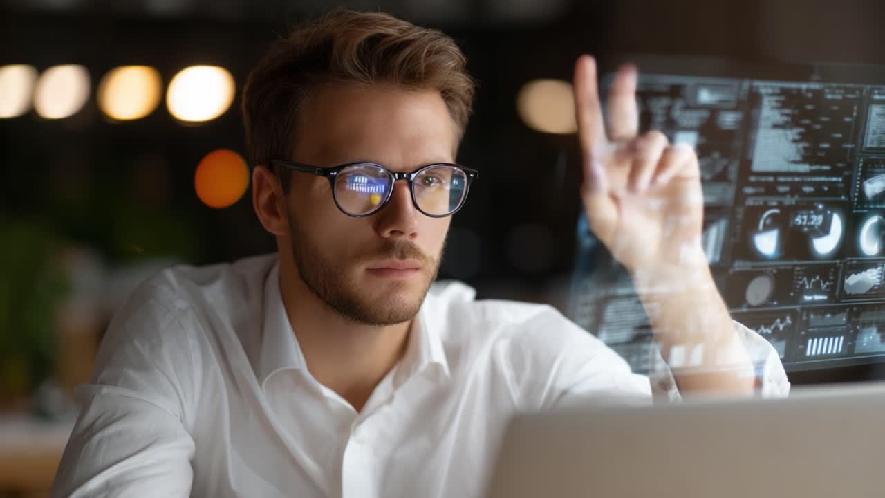 Focused Professional Interacting with Futuristic Data Visualization in a Modern Workspace, Blending Technology and Analytical Insights