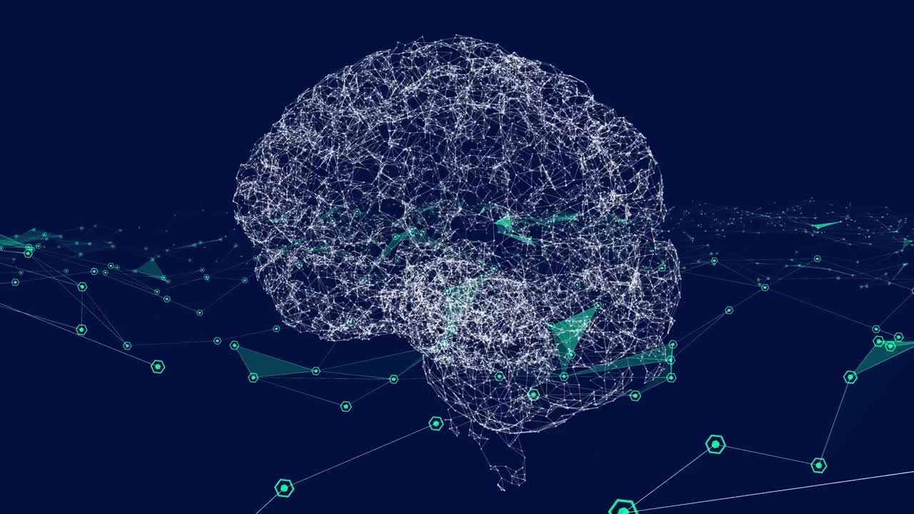 Animation of data processing and brain on black background