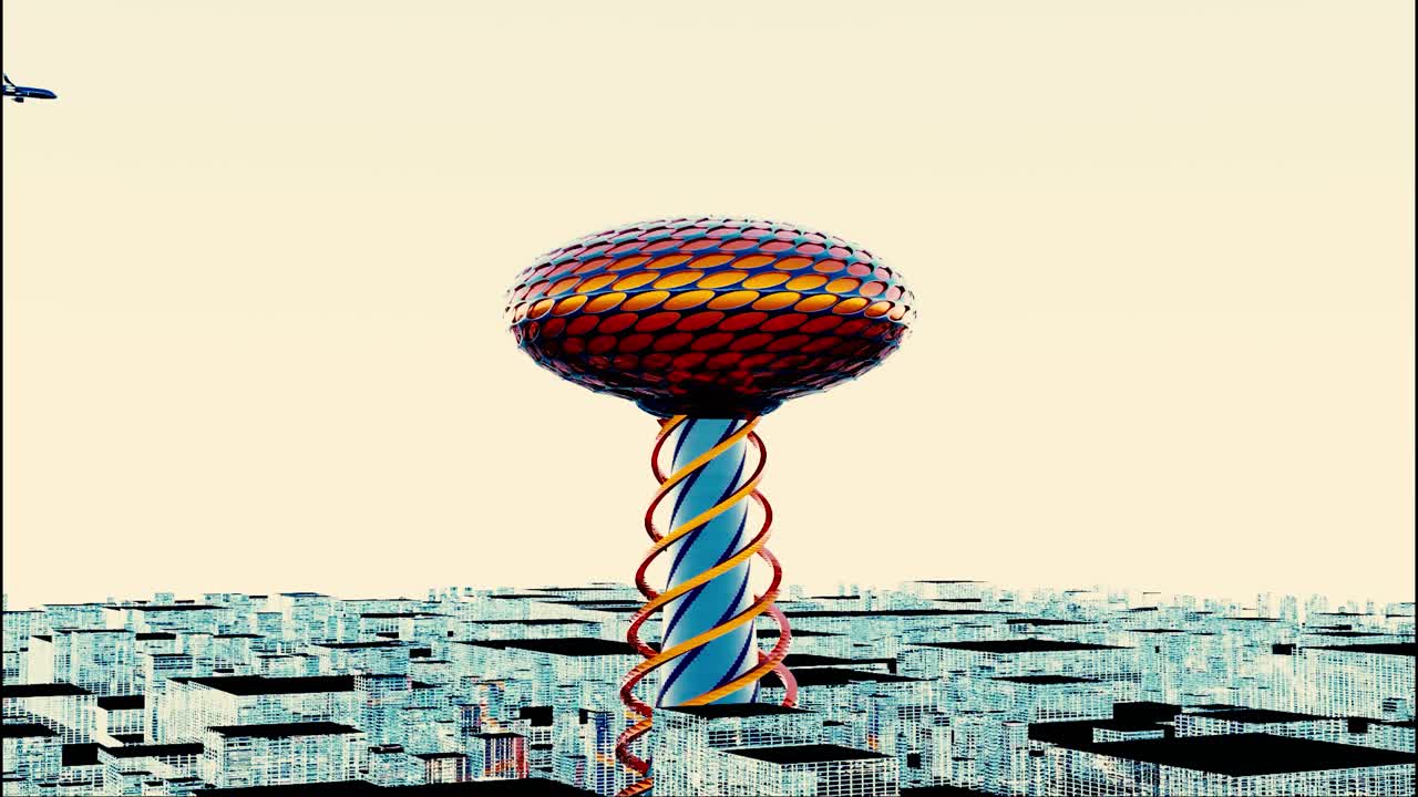 독특한 타워를 가진 미래의 도시