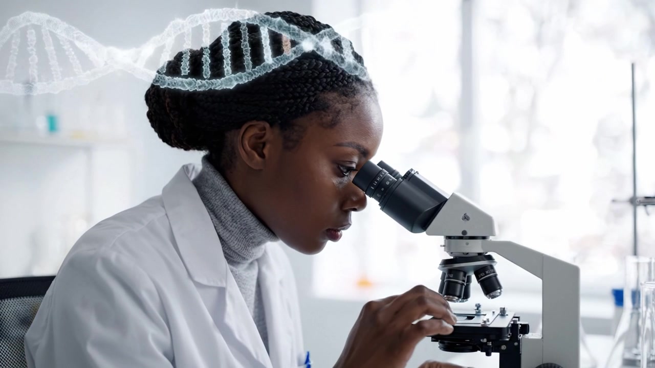 Scienziato Impegnato Esamina Campioni al Microscopio in Laboratorio Mentre un'Animazione a Doppia Elica del DNA Simboleggia la Ricerca e la Scoperta Genetica
