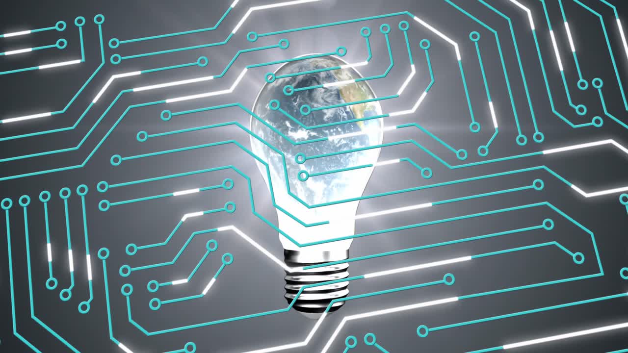 Animation of circuit board pattern and globe in illuminated light bulb against abstract background
