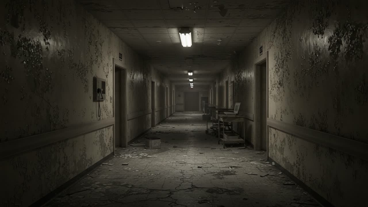 Desolate Hospital Corridor: A Bleak Journey Through the Abandoned Hallways of a Neglected Medical Facility, Capturing the Eerie Atmosphere and Deterioration of Once-Lively Space