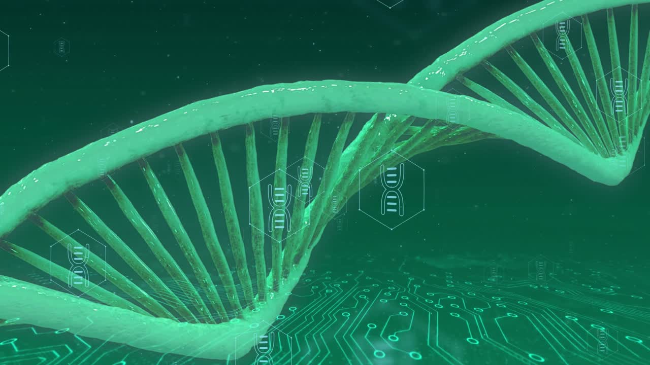 Animation of dna strand, network of medical icons and data processing