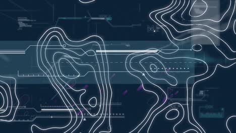 animación del procesamiento de datos, senderos de luz púrpura y líneas blancas del mapa