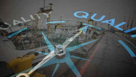 compass and quality text animation over fishing boats docked at harbor