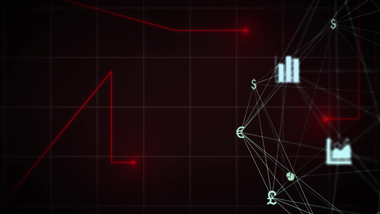 datos financieros y símbolos de divisas animación de la red sobre el fondo de la cuadrícula oscura