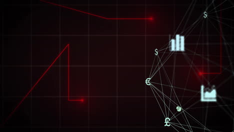 datos financieros y símbolos de divisas animación de la red sobre el fondo de la cuadrícula oscura