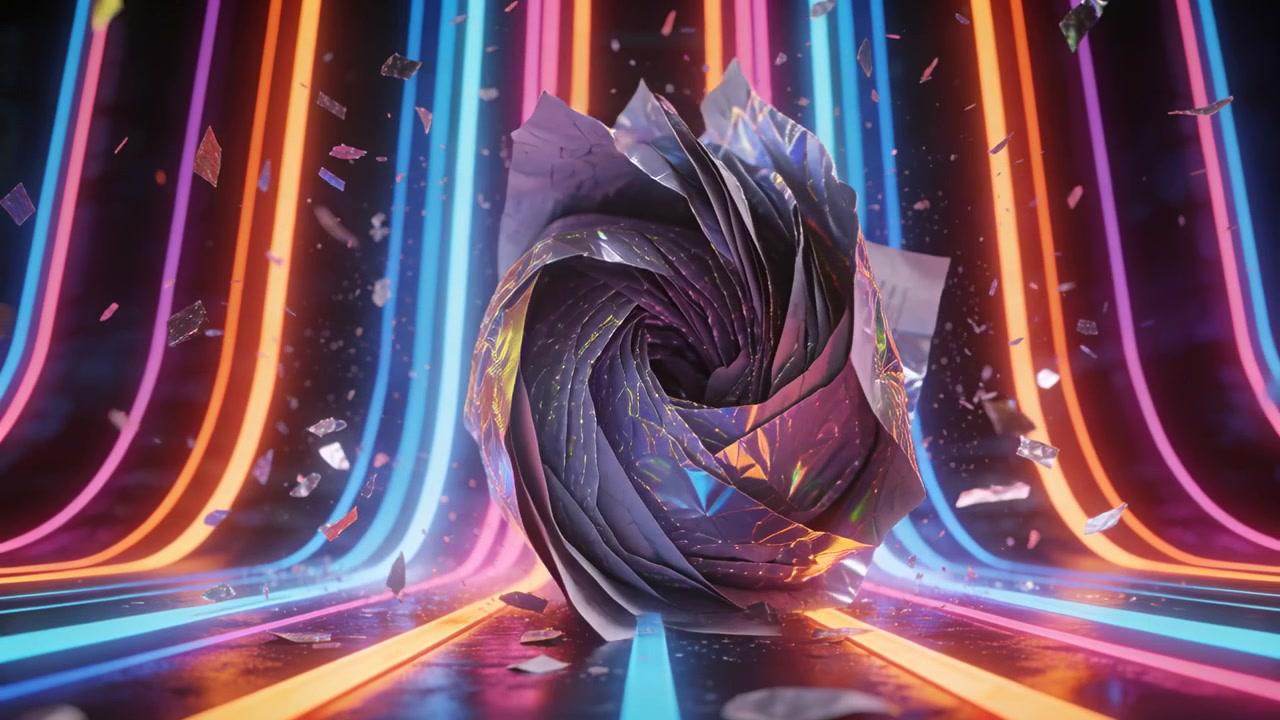 Starting rotation, metal orb showing core spiral, unfolding petals in neon tunnel, shedding shards