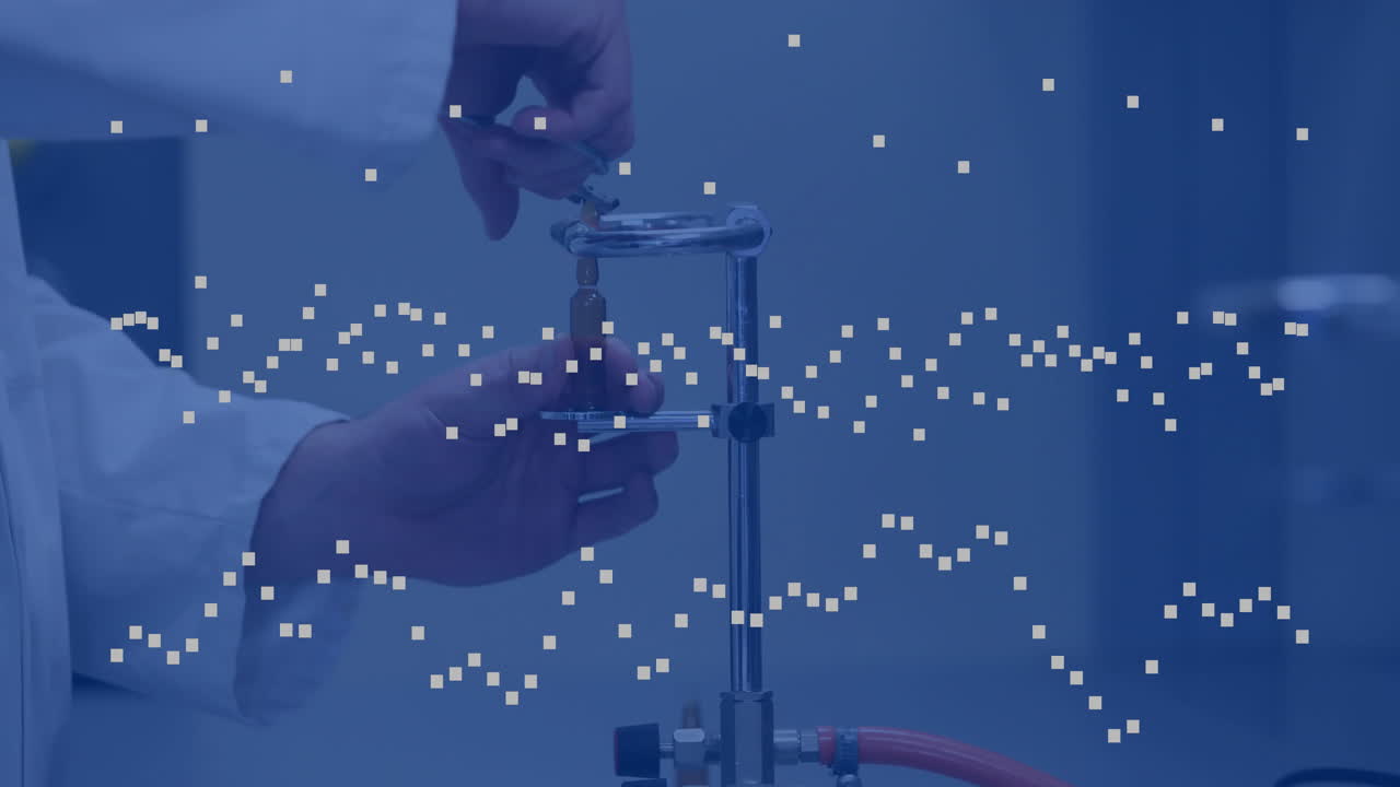 Adjusting laboratory equipment, hands over digital data points animation in lab