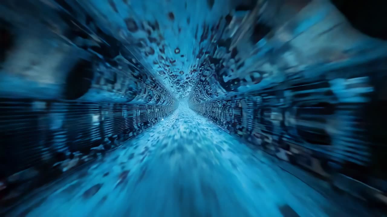 Propelled camera traveling through metallic tunnel with ribs, scattered debris, blue lighting
