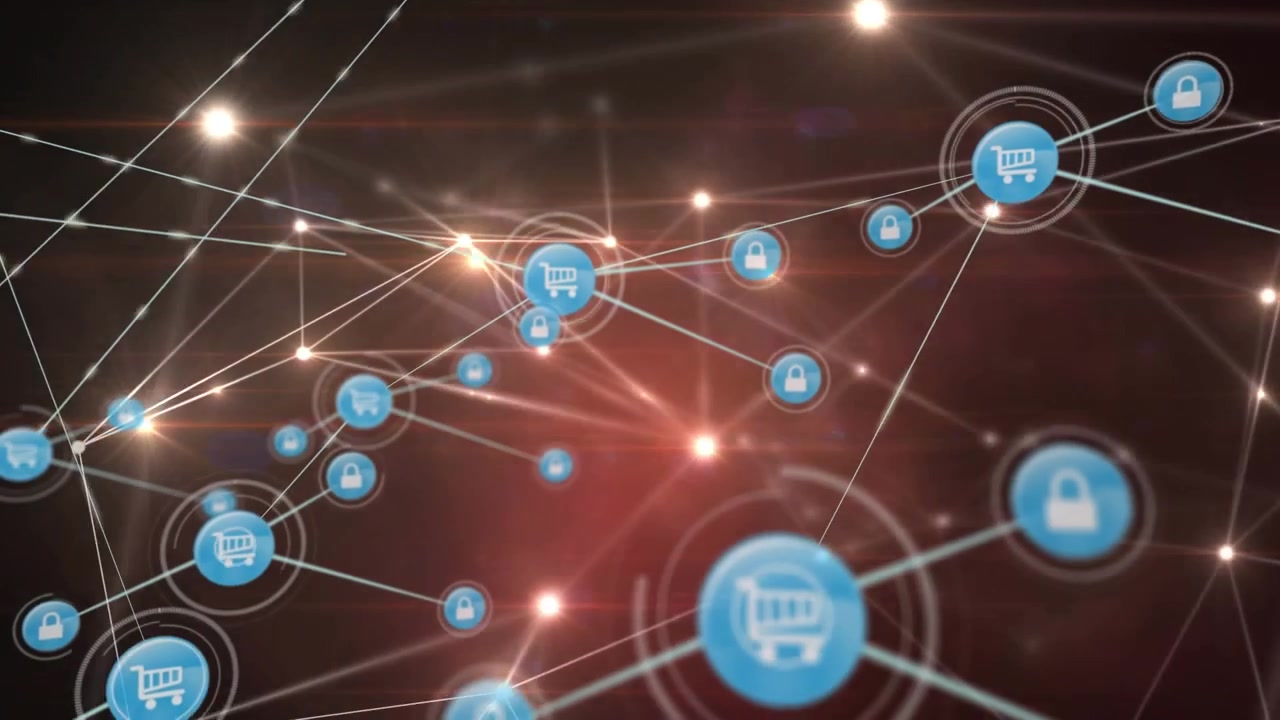 Animazione di una rete di connessioni con icone su un cielo con nuvole