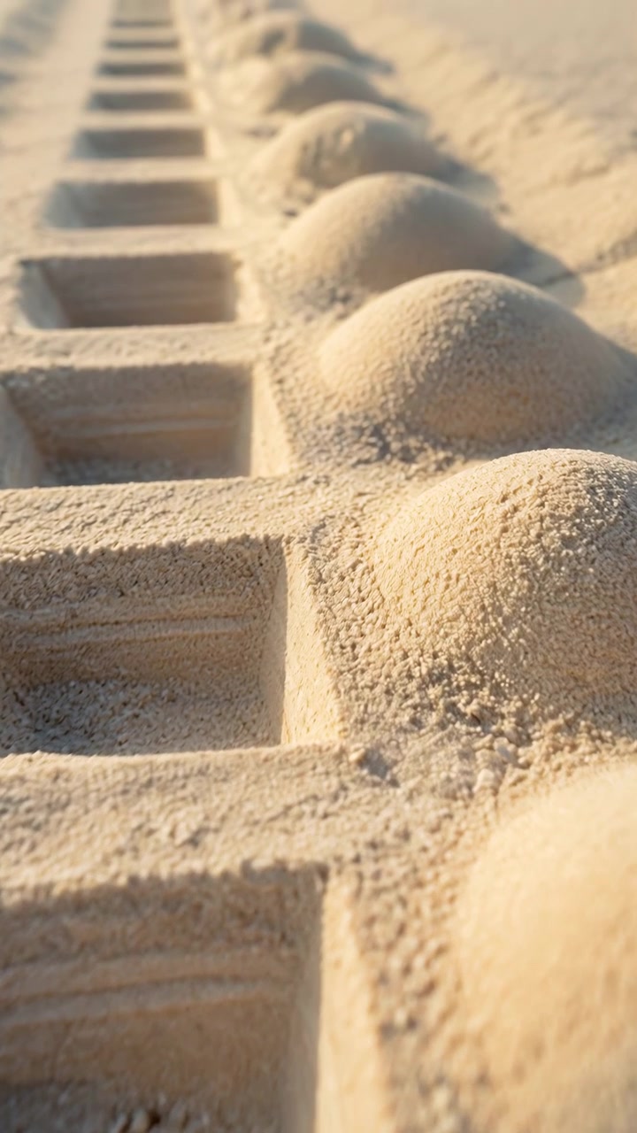 Close view of alternating square depressions and rounded domes sculpted in dry sand, with crisp layered edges, loose granules, warm side light, diagonal rhythm, and softly blurred background depth