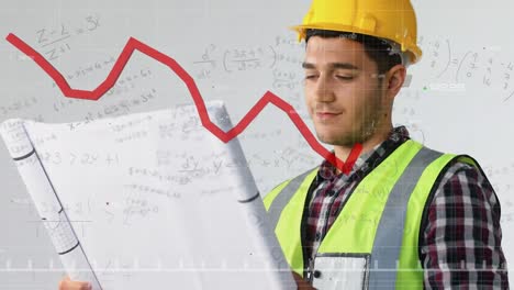 Animation-of-mathematical-equations-and-diagram-over-happy-caucasian-male-worker-holding-schema