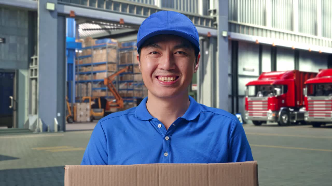 Close Up Of Asian male Courier In Blue Uniform Smiling While Holding A Carton, Outside of Logistics Distributions Warehouse