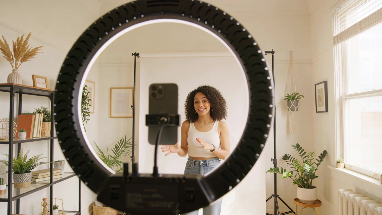 Ring light turning on, white-top creator filming tutorial on phone, speaking, gesturing in studio