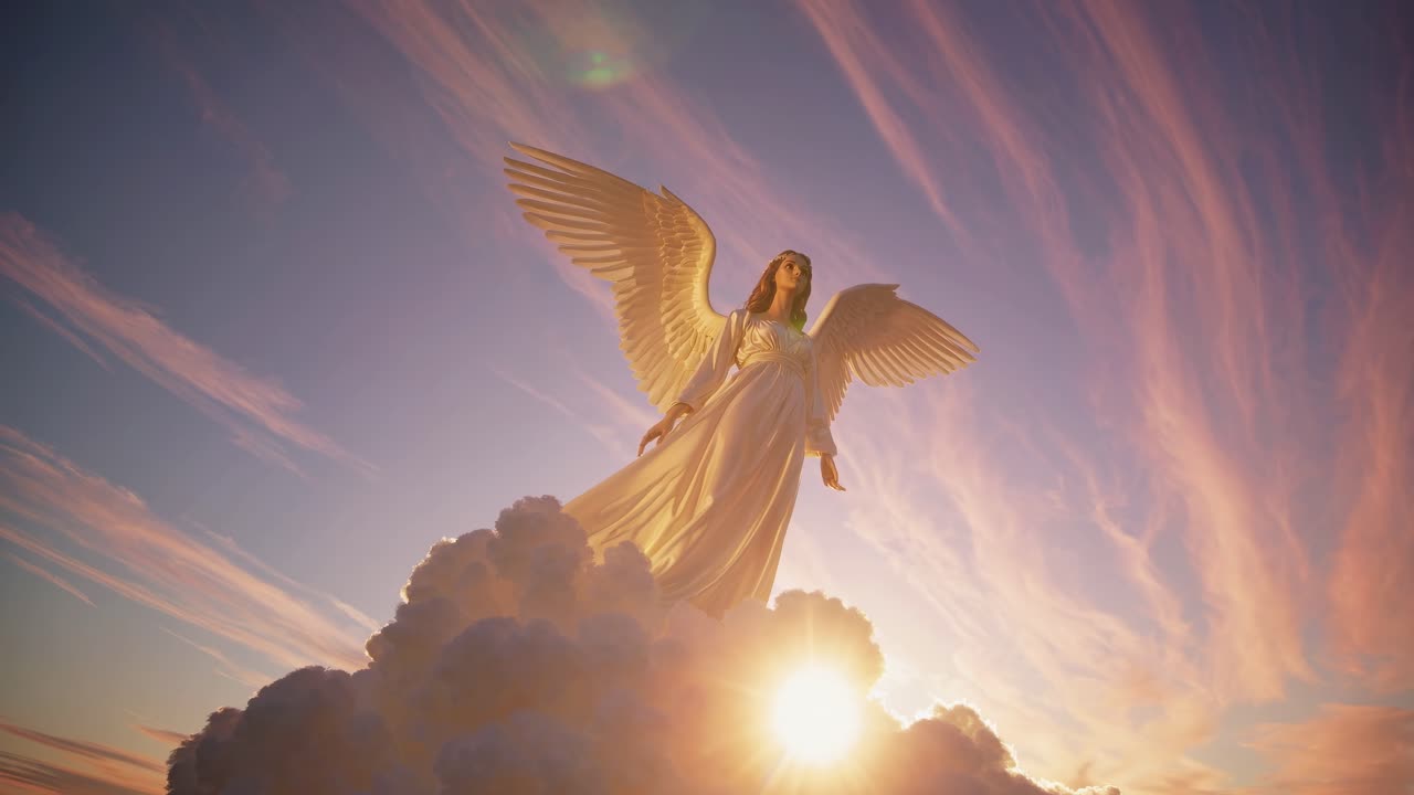 A low-angle video still of an angelic figure with wings, standing on clouds at sunset