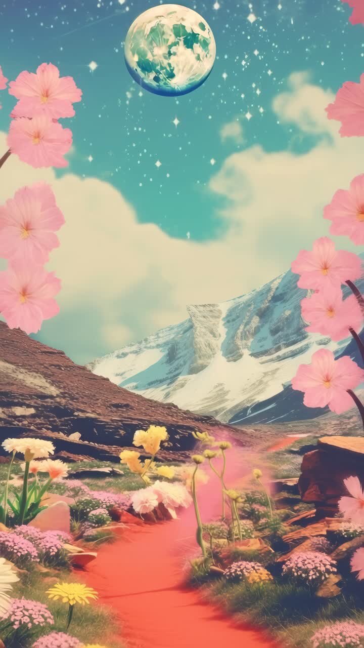 Surreal landscape video with a low-angle view, featuring a vibrant path, blooming flowers, snowy