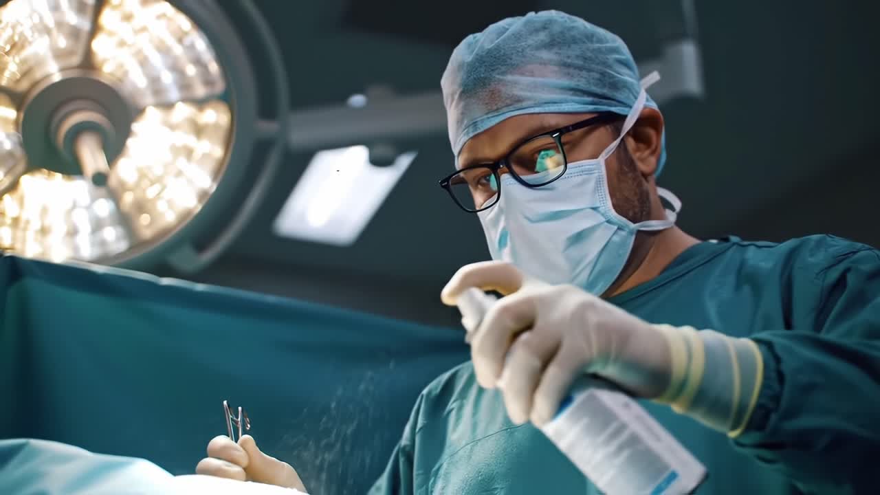Um cirurgião concentrado se prepara para uma operação, utilizando técnicas de esterilização e instrumentos médicos em um ambiente cirúrgico de alta tecnologia