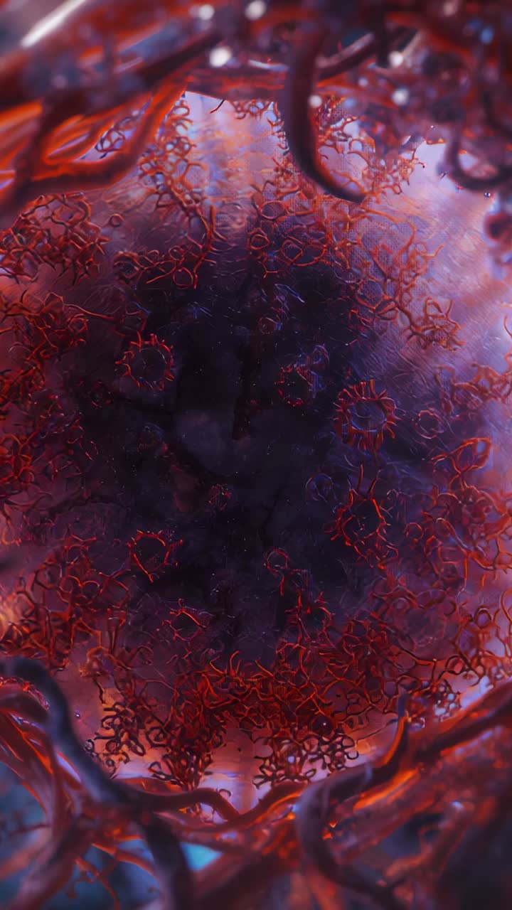 Vertical video: Focusing microscope showing fibrous cavity with fibers drifting and rings shifting