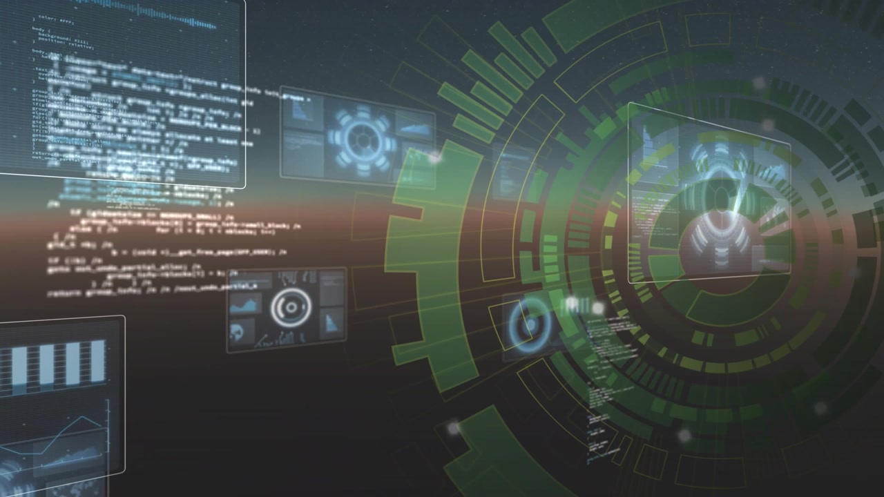 On start green circular HUD pulsing rotating while panels sliding with scrolling code showing data