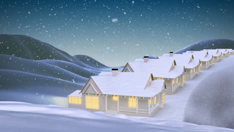 animation of snow falling over over houses in winter scenery