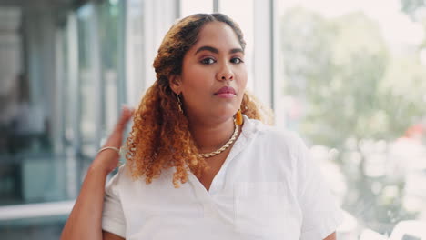 business woman, success and face with hair